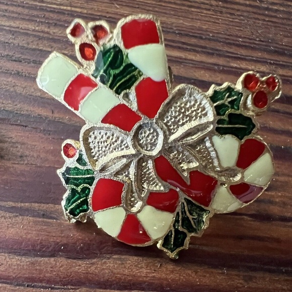 Gold Tone Stud Earrings Candy Canes Bow And Red & Green Wreath Christmas Holiday - Picture 8 of 10